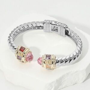 14K Gold Plated CZ Pink Cabochon Two Tone Twisted Cuff Bracelet